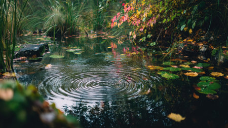 A serene pond showcases gentle ripples on its surface, surrounded by vibrant autumn leaves and lush greenery, creating a peaceful natural retreat.の素材