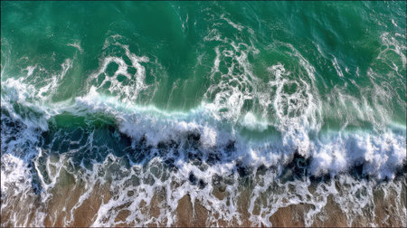 Captivating aerial view of gentle ocean waves crashing onto the sandy beach, showcasing vibrant turquoise water and foamy patterns under bright sunlight.の素材