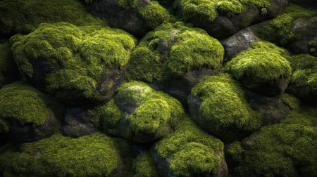 A stunning close-up image showcasing vibrant green moss covering dark stones, illustrating the beauty of nature. Perfect for projects focused on ecology or outdoor themes.の素材