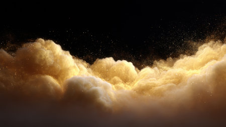 Stunning view of golden clouds with sparkling particles against a dark backdrop, creating a captivating atmosphere perfect for artistic and creative projects.の素材