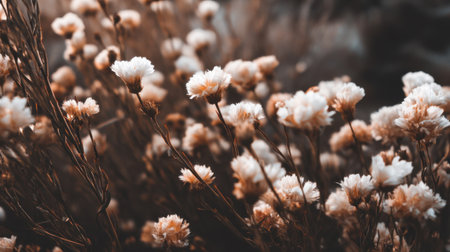 A beautiful close-up image showcasing soft white flowers against a warm, muted brown background, creating a serene and tranquil atmosphere in nature.の素材