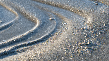 A detailed close-up shot showcasing smooth sand patterns and tranquil beach scenes. The image highlights the interplay of water and grains, evoking serenity.の素材