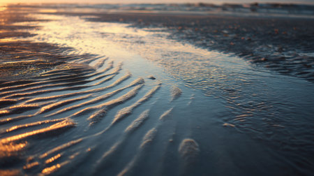 A serene beach scene capturing gentle ripples on wet sand illuminated by the warm glow of a sunset. Ideal for inspiration and relaxation themes.の素材