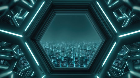 A striking futuristic cityscape viewed through a hexagonal window design, illuminated by vibrant neon lights, showcasing a modern urban landscape in a dark atmosphere.の素材