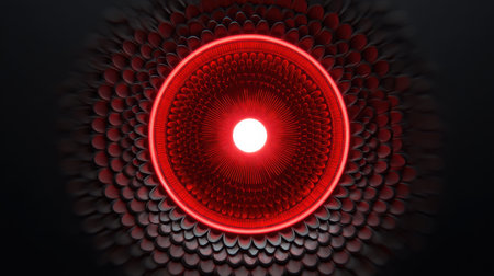 This abstract image showcases a mesmerizing circular design with intricate red patterns radiating from a bright center light, creating a stunning visual effect.の素材