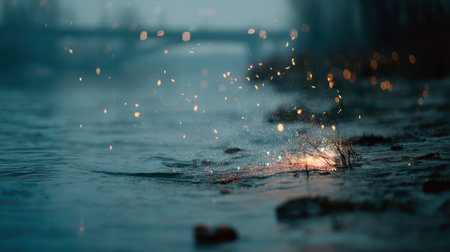 A mesmerizing water splash creates a stunning display of droplets during dusk, with glowing bokeh lights and a blurred riverbank scene, evoking tranquility and beauty.の素材