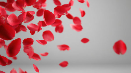 Delicate red rose petals gently fall against a muted gray background, evoking feelings of romance and beauty, perfect for various celebrations and decor needs.の素材