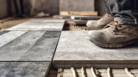 A focused view of a construction worker's feet as they install tiles on a floor during a home renovation. The image captures the details of footwear and tile textures.の素材
