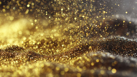 A mesmerizing view of shimmering gold dust particles creating an enchanting background. Ideal for artistic projects, this image radiates luxury and elegance.の素材