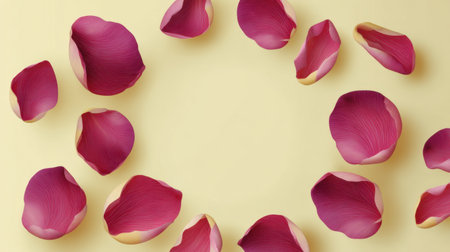 Delicate pink rose petals scattered on a soft yellow background create an elegant and romantic atmosphere, ideal for weddings, decorative projects, or artistic layouts.の素材