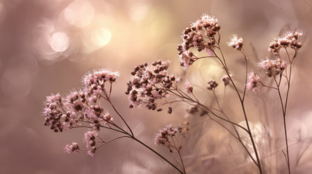 This enchanting image features delicate wildflowers set against a soft, blurred background and warm bokeh effect, evoking tranquility and natural beauty in an outdoor setting.の素材