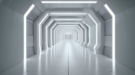 This image showcases a bright, futuristic corridor featuring sleek architectural lines and modern lighting, perfect for illustrating concepts of innovation and technology.の素材