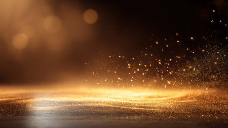 A mesmerizing close-up image showcasing golden glittering particles against a dark background, creating a warm and enchanting atmosphere perfect for various themes.の素材