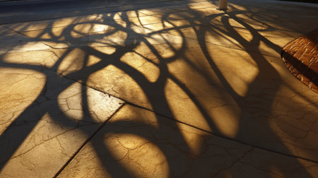 Explore the beautiful interplay of light and shadow on concrete, showcasing intricate patterns formed by the late afternoon sun in a serene outdoor setting.の素材