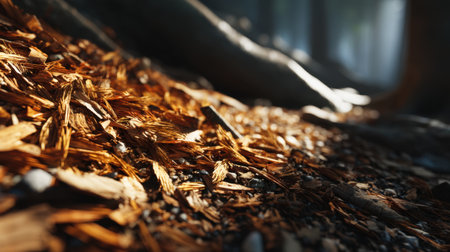 A stunning close-up view of wood chips strewn across the forest floor, illuminated by soft sunlight filtering through the trees, showcasing the serene beauty of nature.の素材