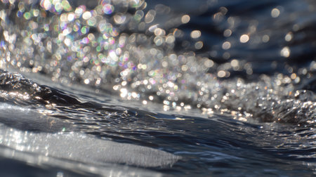 A mesmerizing close-up of sunlight dancing on the water surface, capturing the gentle motion of waves and creating a serene ambiance perfect for relaxation.の素材