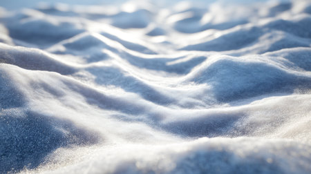 Close-up view of soft snow covering the ground, showcasing gentle waves and reflective light, creating an inviting and calm winter landscape atmosphere.の素材
