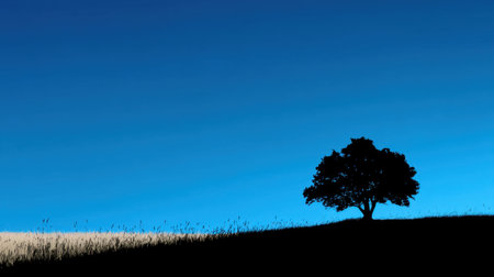 A tranquil scene featuring the silhouette of a lone tree against a stunning blue sky, evoking a sense of calm and solitude suitable for various creative projects.の素材