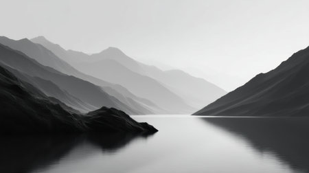 Discover a tranquil black and white landscape showcasing gentle mountain silhouettes reflected in calm water. Perfect for conveying serenity and nature's beauty.の素材