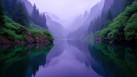 Immerse yourself in a serene mountain landscape featuring a tranquil lake reflecting lush green forests under a misty sky at dawn. Perfect for nature lovers.の素材