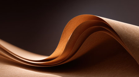 Close-up of a brown paper sheet with elegant curves and textures highlighted by soft natural light and shadows, perfect for design and artistic projects.の素材