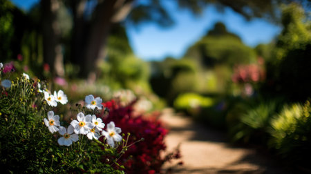 A serene garden image featuring delicate white flowers in the foreground, vibrant blooms surrounding a softly blurred pathway, capturing nature's beauty in sunlight.の素材