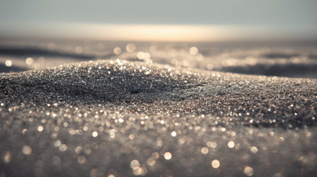 Experience the tranquil beauty of a sandy beach with shimmering grains reflecting soft light. Perfect for evoking peacefulness and serene coastal escapes.の素材
