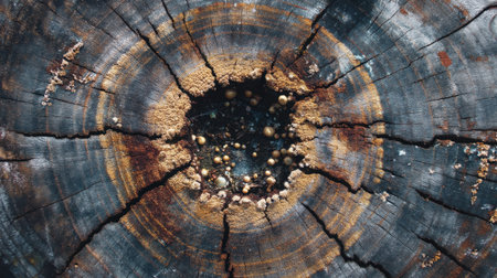 This captivating close-up image showcases the intricate textures of a weathered wooden log. The detailed growth rings and earthy colors create a stunning natural pattern.の素材