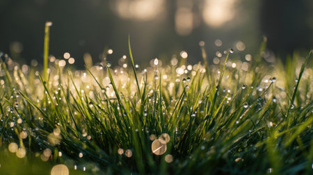 A serene view of dew-covered grass at dawn, showcasing sparkling water droplets on lush blades. The soft focus and bokeh create a tranquil atmosphere perfect for nature lovers.の素材