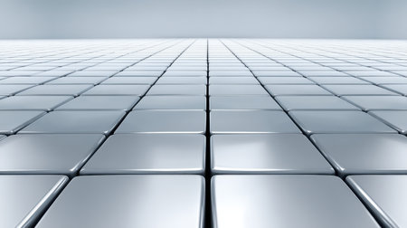 This image features a vast expanse of metallic tiles with a smooth, reflective surface. The soft ambient lighting creates a modern atmosphere, ideal for design projects.の素材