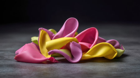 A vibrant collection of pink and yellow fabric petals artfully arranged on a textured gray surface, creating a striking visual for creative projects or backgrounds.の素材