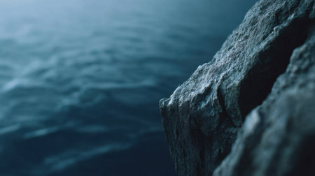 A stunning close-up of a rugged rock edge against a calm ocean surface, creating a peaceful and atmospheric environment ideal for nature photography.の素材
