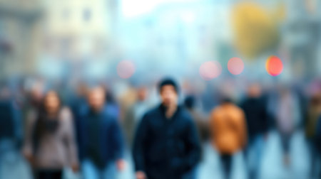 A blurred representation of a bustling city crowd, emphasizing motion and the liveliness of urban life. This image captures the essence of a vibrant street scene.の素材