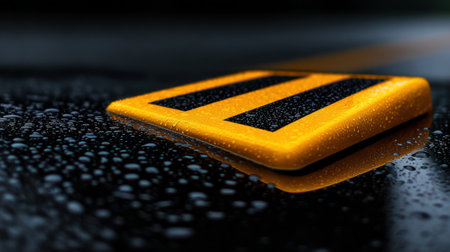 A close-up image of a reflective road indicator on a wet asphalt surface showcases road safety features designed for drivers in urban traffic environments at night.の素材