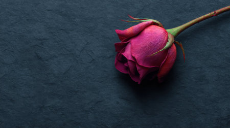 This stunning image captures a single pink rose on a dark textured surface, emphasizing its elegance and beauty. The natural lighting enhances its vibrant colors and delicate features.の素材