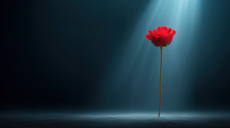 A stunning red rose stands alone, beautifully illuminated by soft light against a dark background, creating an elegant and passionate atmosphere in artistic detail.の素材