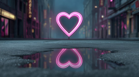 This captivating image features a glowing neon heart sign reflected in a puddle on an empty urban street, creating a serene and romantic atmosphere in the night.の素材