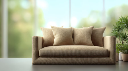 A cozy beige sofa adorned with fluffy cushions sits in a bright modern living room. Beautiful greenery and soft natural light enhance the inviting atmosphere.の素材