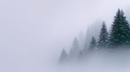 A serene winter landscape featuring snow-covered trees emerging from a soft fog, creating a peaceful and ethereal atmosphere in a tranquil natural setting.の素材
