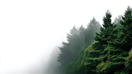 A captivating forest landscape enveloped in fog, featuring evergreen trees that create a serene and tranquil atmosphere, ideal for nature lovers and photographers.の素材