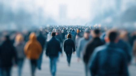 A vibrant scene depicting a diverse crowd of individuals walking in an urban setting, showcasing the energy and dynamic nature of city life and human interaction.の素材