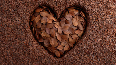 A heart shape crafted from dry brown leaves, set against a leafy ground, captures the essence of nature's beauty. This image evokes warmth and tranquility.の素材