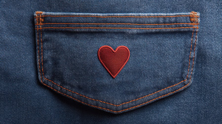 This image features a close-up of a denim pocket adorned with a vibrant red heart patch. It highlights detailed embroidery, perfect for fashion or crafting inspirations.の素材