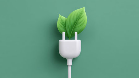 A creative representation of an electric plug with green leaves, illustrating the concept of eco-friendliness and renewable energy with a calming background.の素材