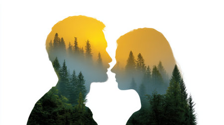 This captivating double exposure image features a couple's silhouette merging with a vibrant forest and sunrise, symbolizing love, unity, and natural harmony.の素材