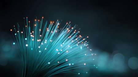 Explore a captivating abstract depiction of illuminated fiber optic cables, showcasing a mesmerizing blend of colors against a dark backdrop, symbolizing technology and connection.の素材