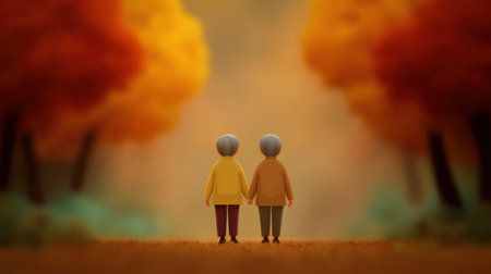 Two elderly figures hold hands in a warm autumn setting, surrounded by vibrant foliage, capturing the essence of love and companionship amidst nature's beauty.の素材