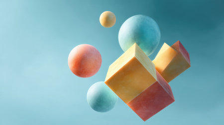 This vibrant image showcases colorful geometric shapes, including spheres and cubes, floating against a soft blue background, ideal for diverse creative projects.の素材
