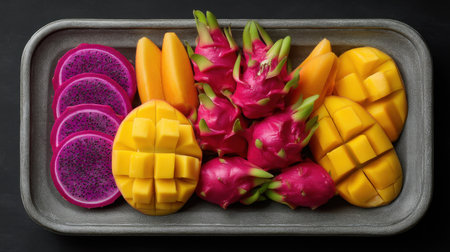 A delightful arrangement of tropical fruits, showcasing the vibrant colors of mango, dragon fruit, and pitaya on a rustic tray, perfect for healthy eating and visually striking presentations.の素材