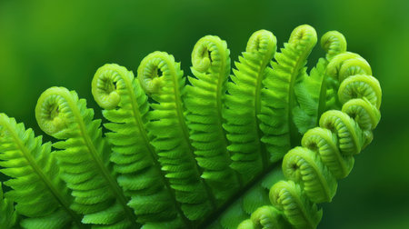 An intricate close-up view of fern leaves, highlighting their lush green color and spiral shapes. Perfect for nature lovers seeking serene imagery of plant life.の素材